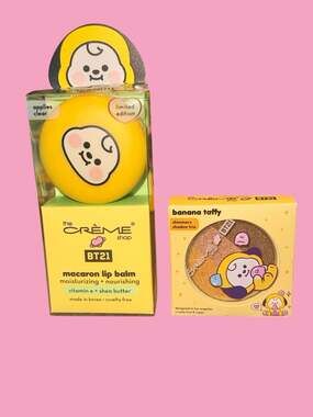 The Crème Shop x BT21 Banana Milk Macaron Lip Balm and Banana Shadow Trio Bundle
